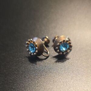 Vintage Nemo Gold Tone and Blue Crystal Screw Back Earrings